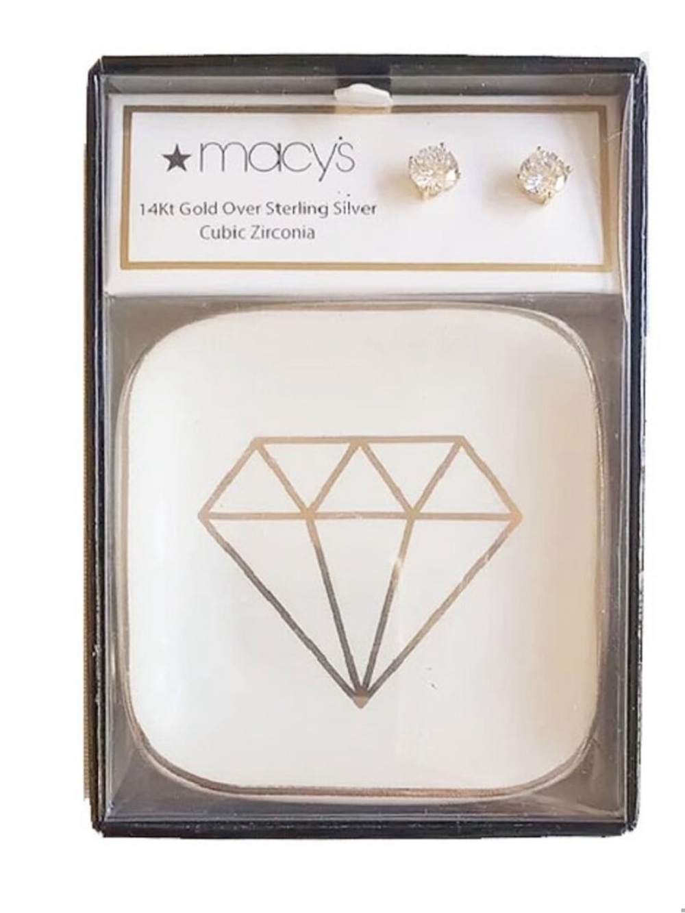 14K Gold-plated Silver 6mm Round CZ Stud Earrings Gift Set with Ceramic Tray NWT